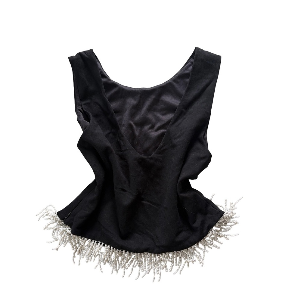 Black crop top vneck with pearl fringe